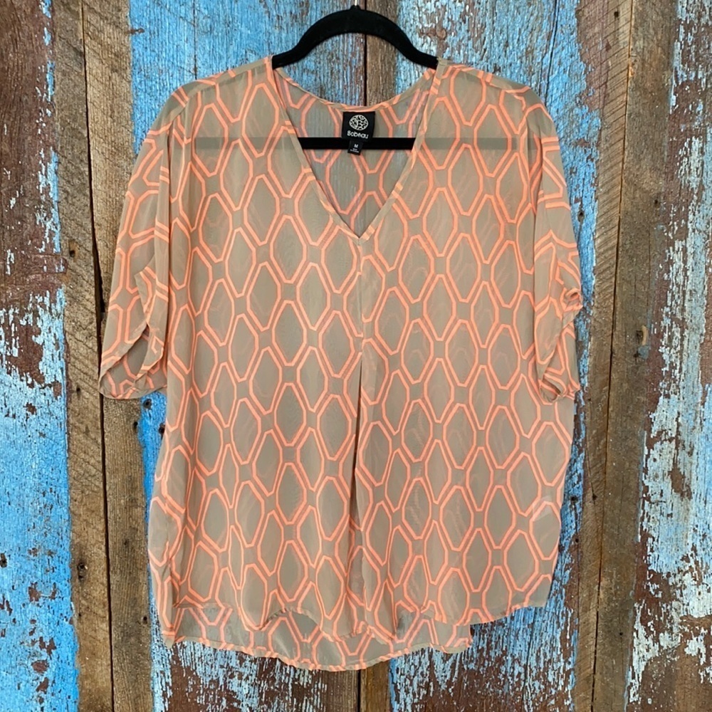 Bobeau Boho Festival Top Tan & Coral Sheer Geometric Size M